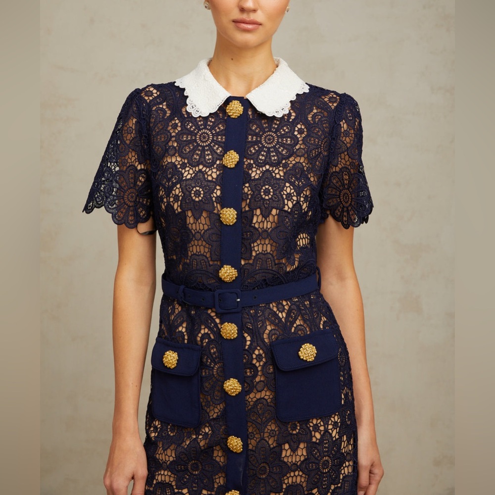 Self-Portrait navy floral guipure-lace midi dress - Picture 4 of 13